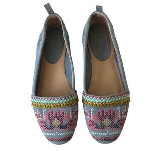 Latigo Basia Flats 8.5M Blue Suede Embroidered Boho Ballet Slip On